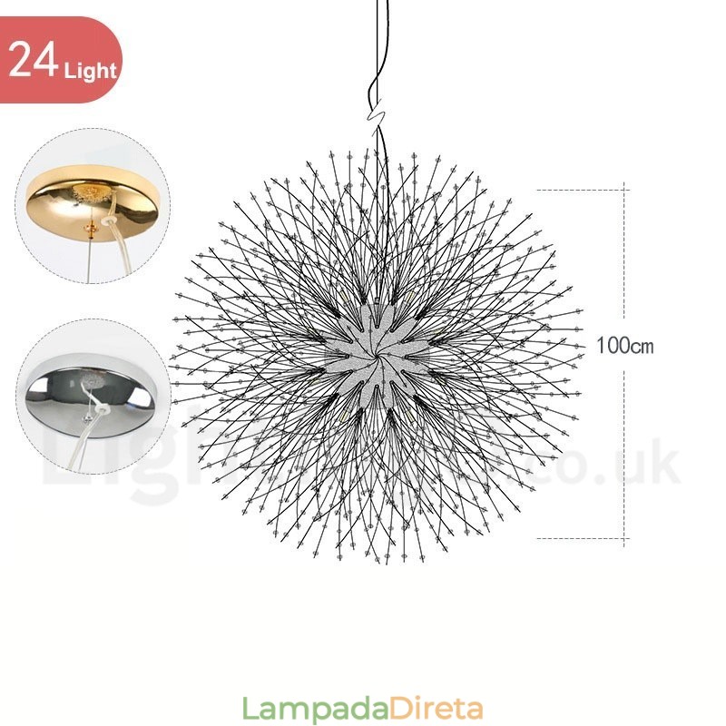 Lustre de metal com cristal e detalhes cromados em formato de dente-de-leão, globo de fogos de artifício