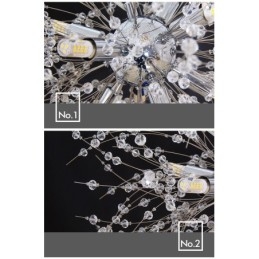 Lustre de metal com cristal e detalhes cromados em formato de dente-de-leão, globo de fogos de artifício