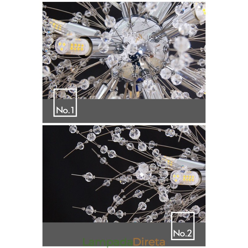 Lustre de metal com cristal e detalhes cromados em formato de dente-de-leão, globo de fogos de artifício