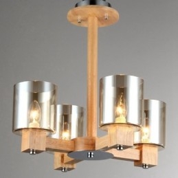 Lustre moderno contemporâneo de madeira clara de 4 estilos nórdicos com cúpula de vidro
