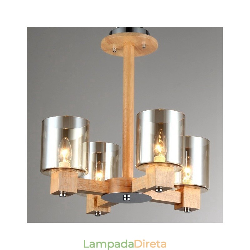 Lustre moderno contemporâneo de madeira clara de 4 estilos nórdicos com cúpula de vidro