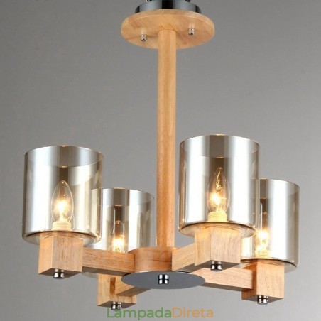 Lustre moderno contemporâneo de madeira clara de 4 estilos nórdicos com cúpula de vidro Lustre moderno contemporâneo de madeira clara de 4 estilos nórdicos com cúpula de vidro