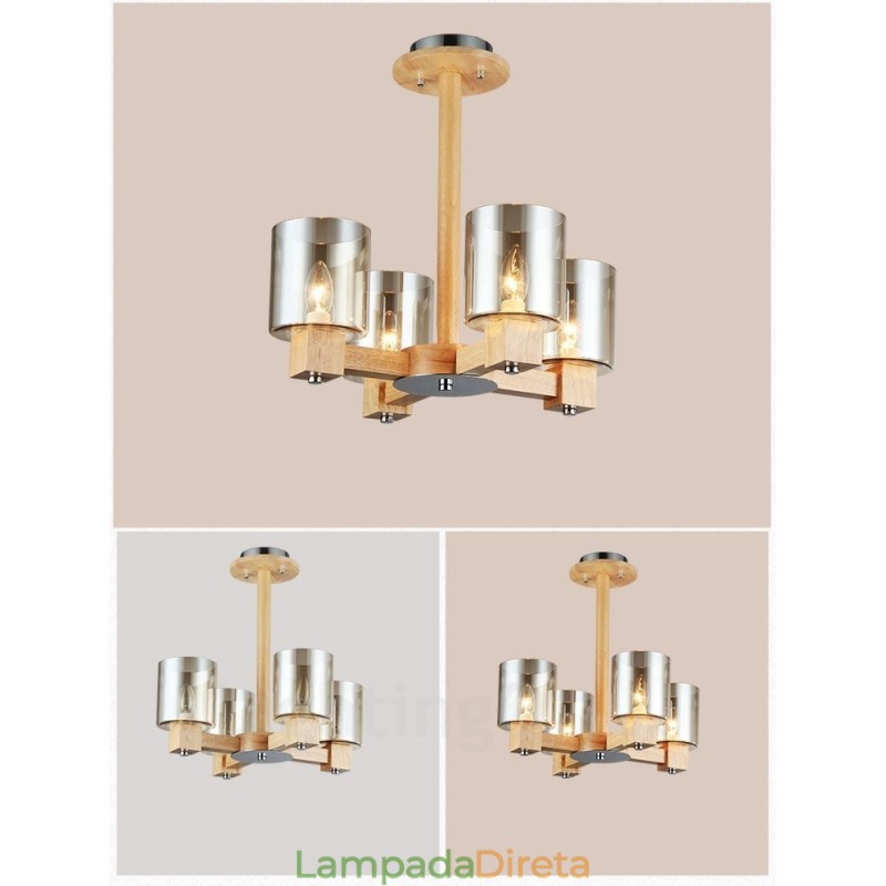 Lustre moderno contemporâneo de madeira clara de 4 estilos nórdicos com cúpula de vidro