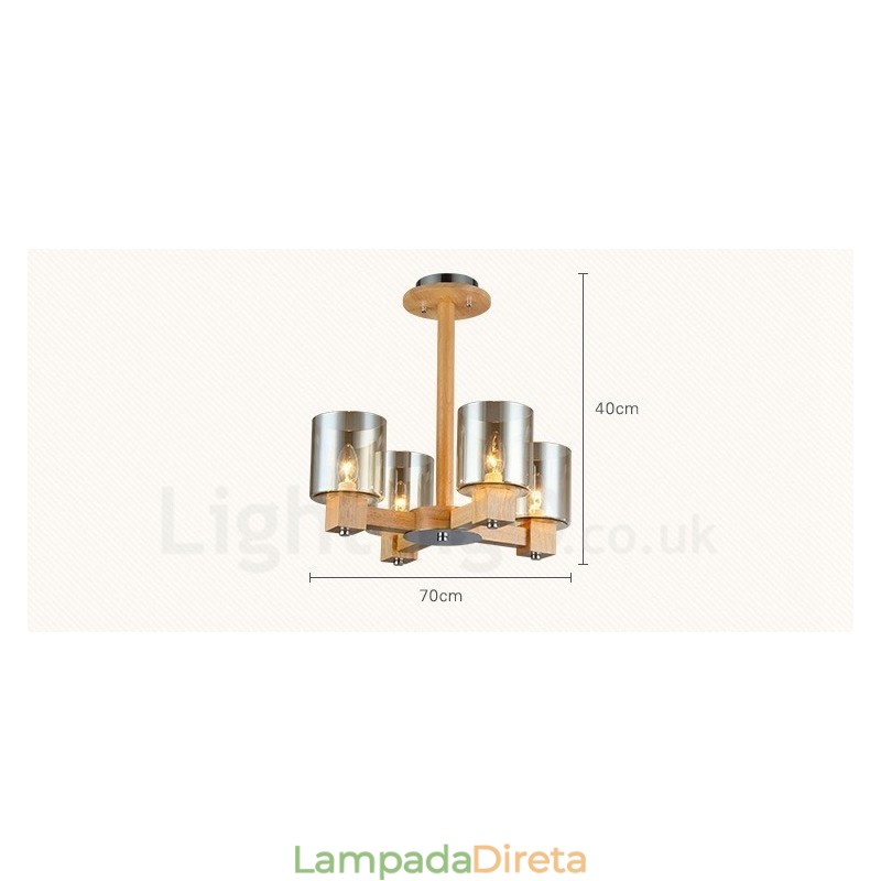 Lustre moderno contemporâneo de madeira clara de 4 estilos nórdicos com cúpula de vidro