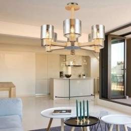 Lustre moderno contemporâneo de madeira clara estilo nórdico com cúpula de vidro
