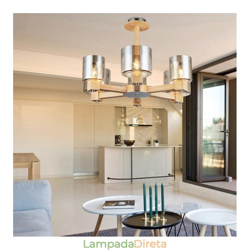 Lustre moderno contemporâneo de madeira clara estilo nórdico com cúpula de vidro