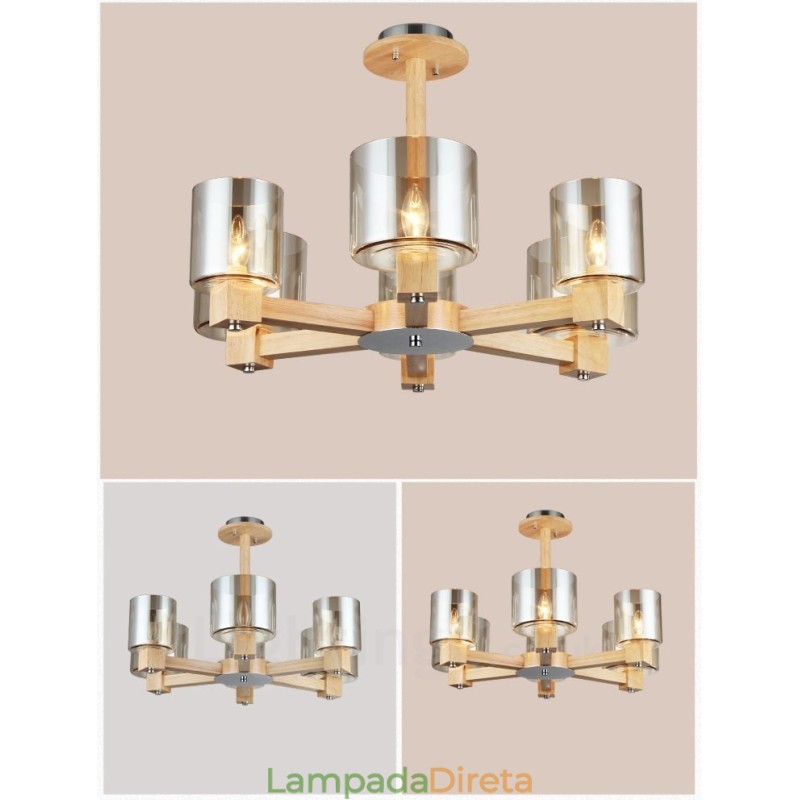 Lustre moderno contemporâneo de madeira clara estilo nórdico com cúpula de vidro