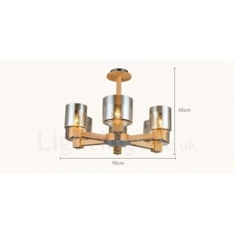 Lustre moderno contemporâneo de madeira clara estilo nórdico com cúpula de vidro