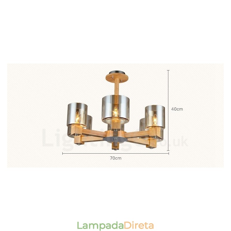 Lustre moderno contemporâneo de madeira clara estilo nórdico com cúpula de vidro