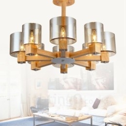 Lustre moderno contemporâneo de madeira clara estilo nórdico com cúpula de vidro