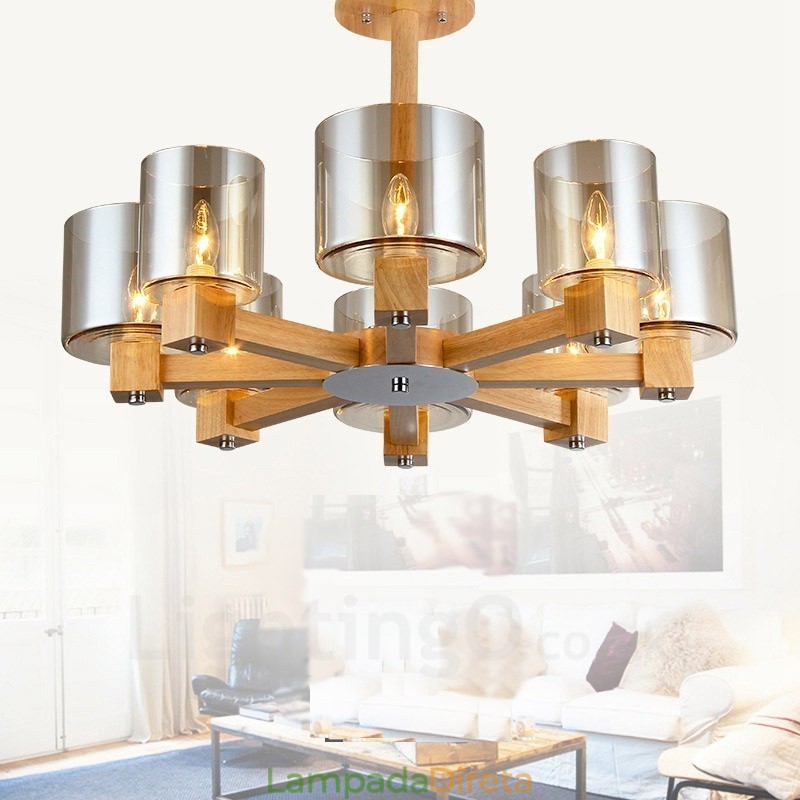 Lustre moderno contemporâneo de madeira clara estilo nórdico com cúpula de vidro