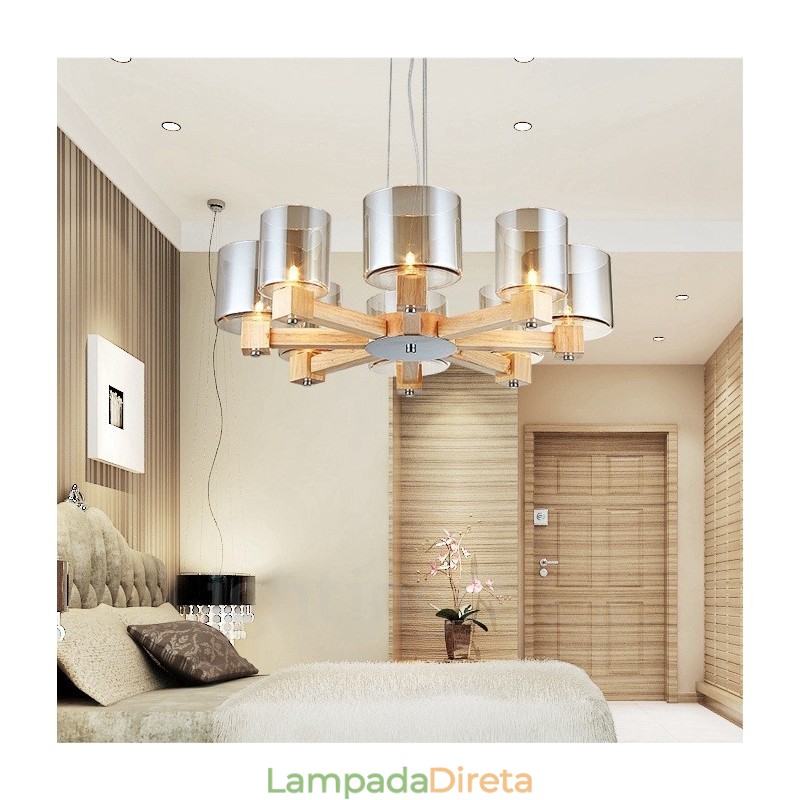 Lustre moderno contemporâneo de madeira clara estilo nórdico com cúpula de vidro