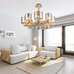 Lustre moderno contemporâneo de madeira clara estilo nórdico com cúpula de vidro