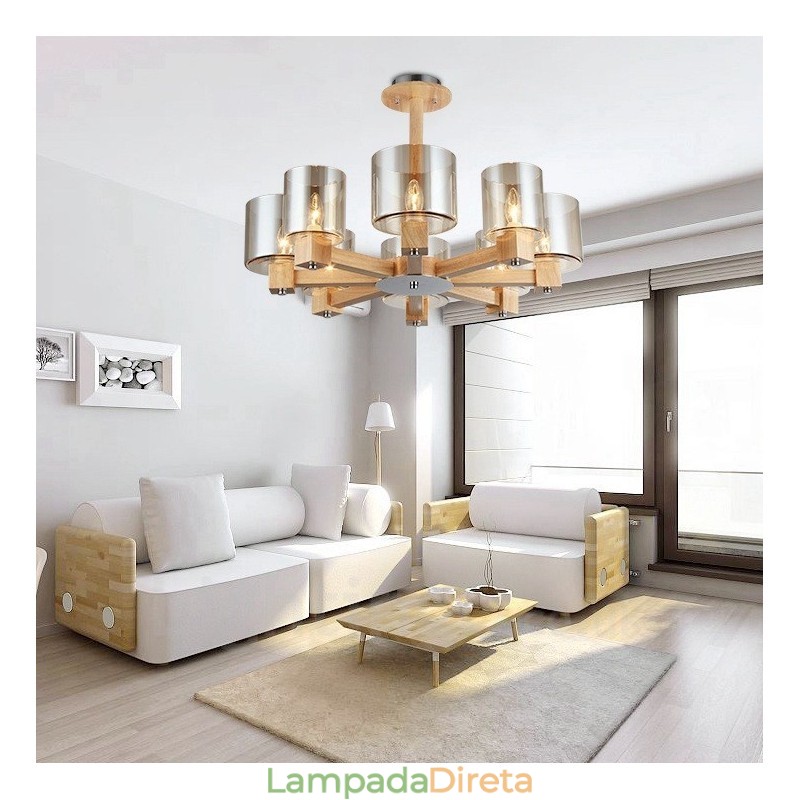 Lustre moderno contemporâneo de madeira clara estilo nórdico com cúpula de vidro