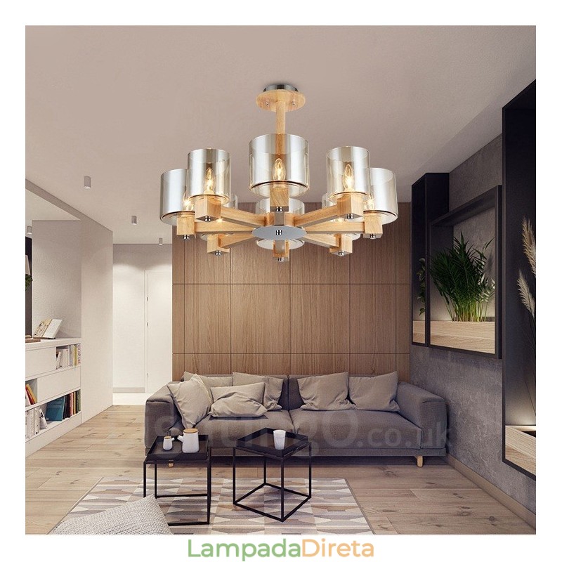 Lustre moderno contemporâneo de madeira clara estilo nórdico com cúpula de vidro