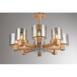 Lustre moderno contemporâneo de madeira clara estilo nórdico com cúpula de vidro