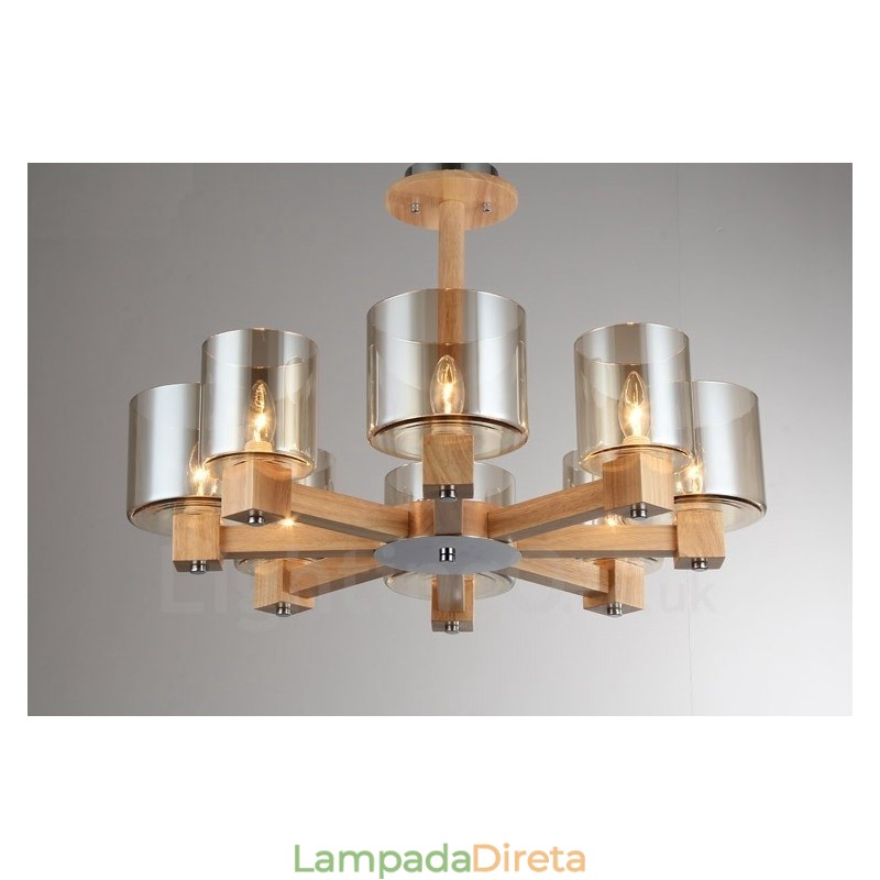 Lustre moderno contemporâneo de madeira clara estilo nórdico com cúpula de vidro