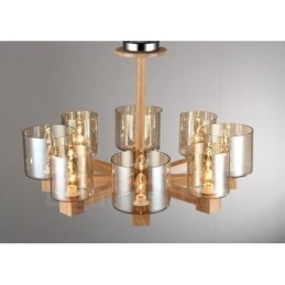 Lustre moderno contemporâneo de madeira clara estilo nórdico com cúpula de vidro