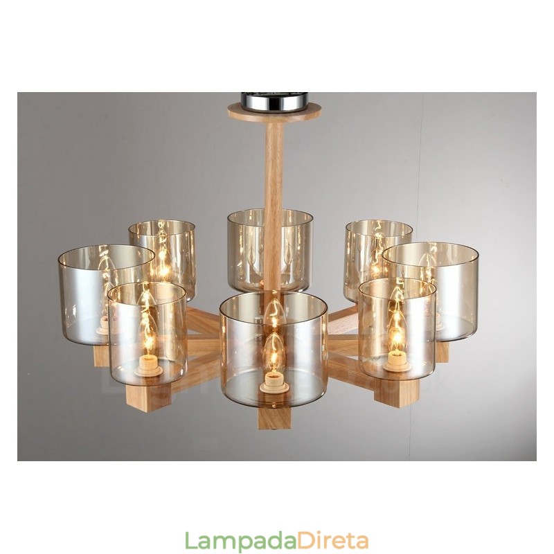 Lustre moderno contemporâneo de madeira clara estilo nórdico com cúpula de vidro
