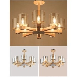 Lustre moderno contemporâneo de madeira clara estilo nórdico com cúpula de vidro
