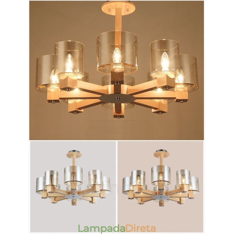 Lustre moderno contemporâneo de madeira clara estilo nórdico com cúpula de vidro