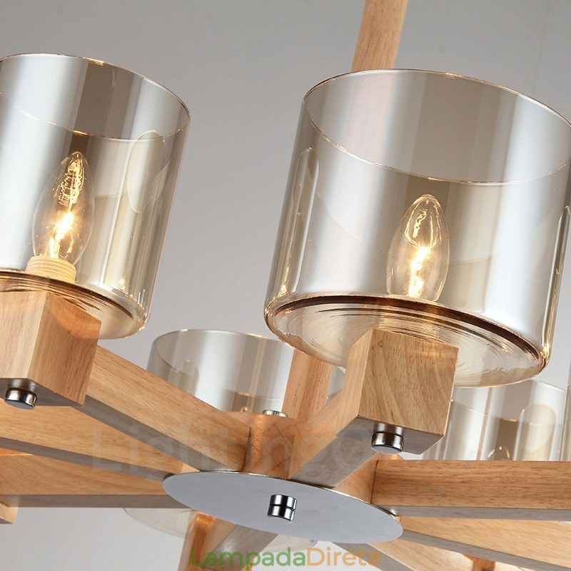 Lustre moderno contemporâneo de madeira clara estilo nórdico com cúpula de vidro