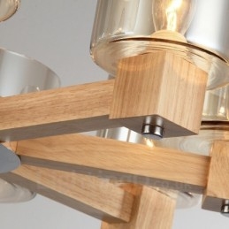 Lustre moderno contemporâneo de madeira clara estilo nórdico com cúpula de vidro