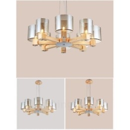 Lustre moderno contemporâneo de madeira clara estilo nórdico com cúpula de vidro