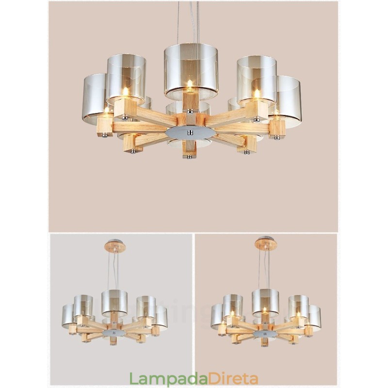 Lustre moderno contemporâneo de madeira clara estilo nórdico com cúpula de vidro