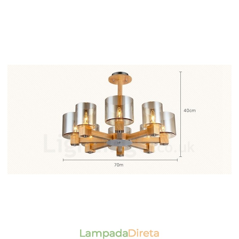 Lustre moderno contemporâneo de madeira clara estilo nórdico com cúpula de vidro