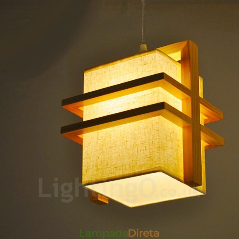 1 Luz de suspensão vintage retrô de madeira clara com sombra de tecido