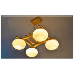 Luminária pendente rústica de madeira com 4 luzes e cúpula de vidro