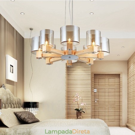 8 Luzes de madeira moderna contemporânea estilo nórdico pendente com cúpula de vidro 8 Luzes de madeira moderna contemporânea estilo nórdico pendente com cúpula de vidro