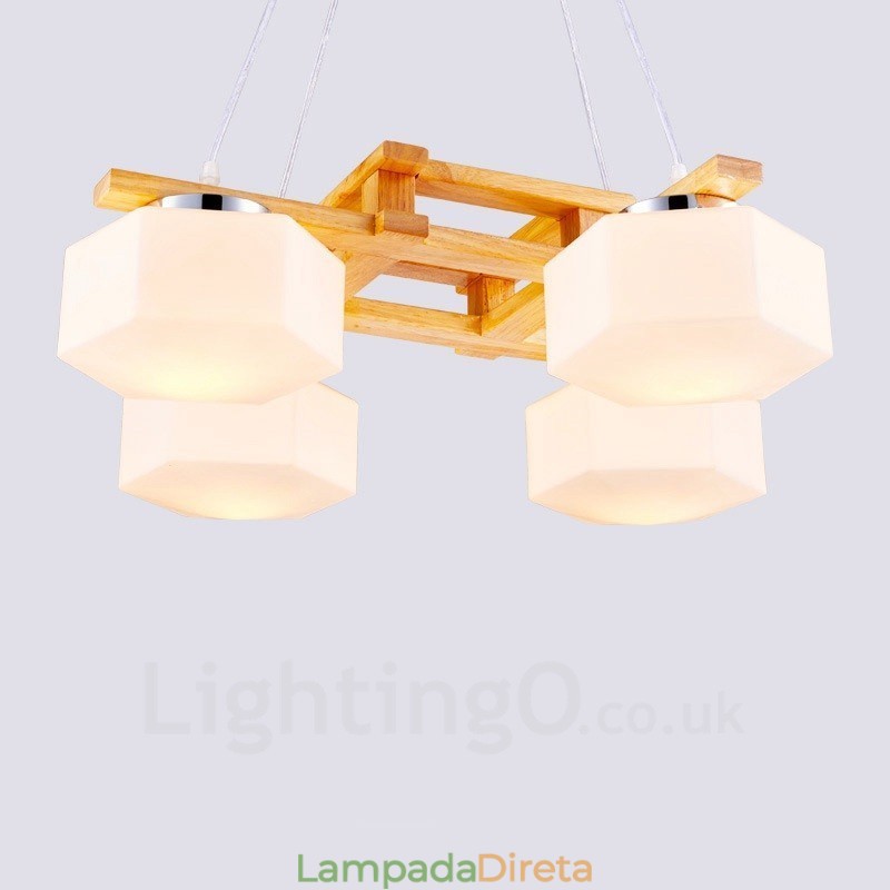 4 Luzes de madeira moderna contemporânea estilo nórdico pendente luz com cúpula de vidro