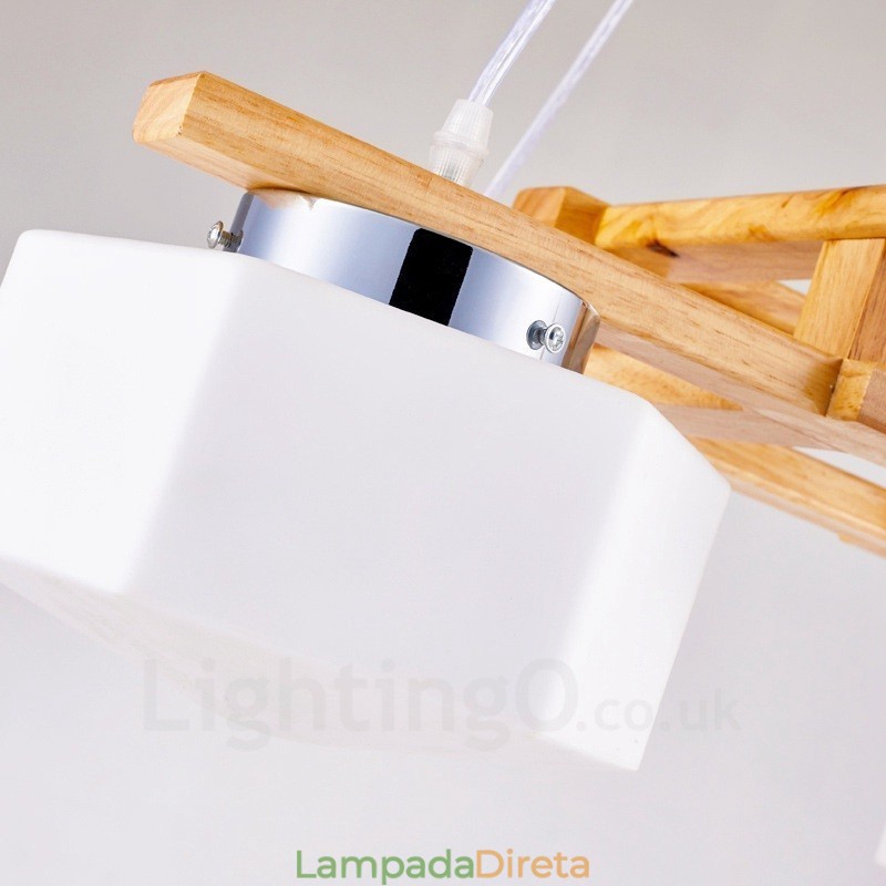 4 Luzes de madeira moderna contemporânea estilo nórdico pendente luz com cúpula de vidro