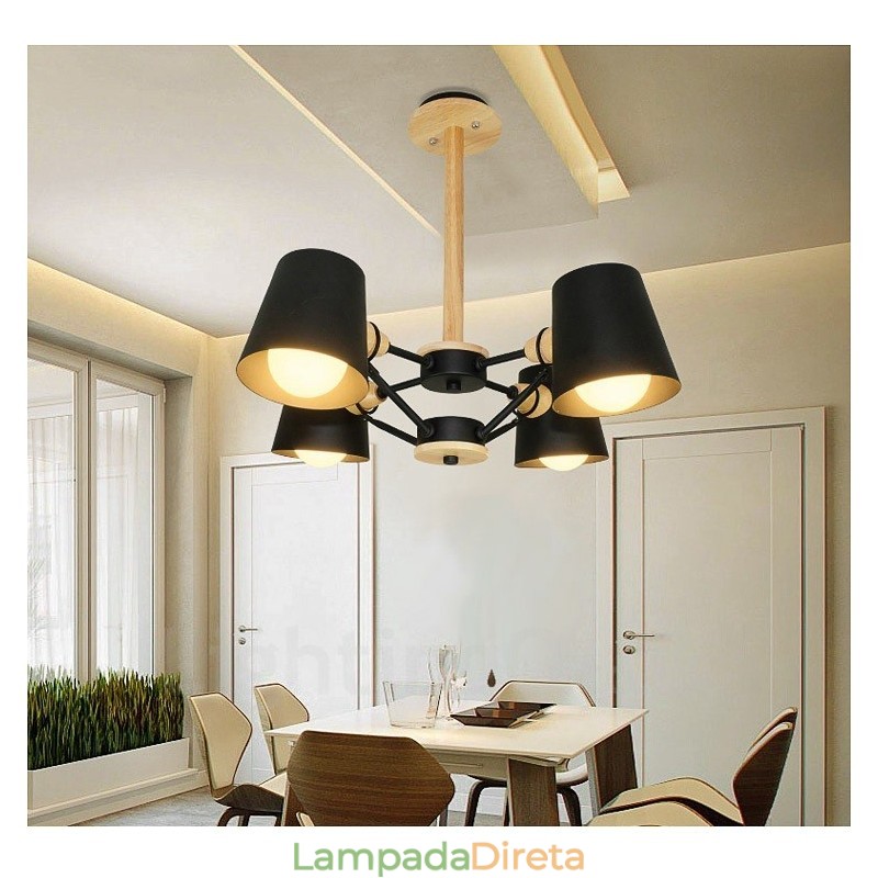 Luminária pendente estilo nórdico moderno contemporâneo de madeira com 4 luzes e abajur de ferro