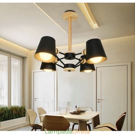 Luminária pendente estilo nórdico moderno contemporâneo de madeira com 4 luzes e abajur de ferro Luminária pendente estilo nórdico moderno contemporâneo de madeira com 4 luzes e abajur de ferro