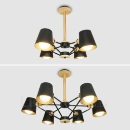 Luminária pendente estilo nórdico moderno contemporâneo de madeira com 4 luzes e abajur de ferro