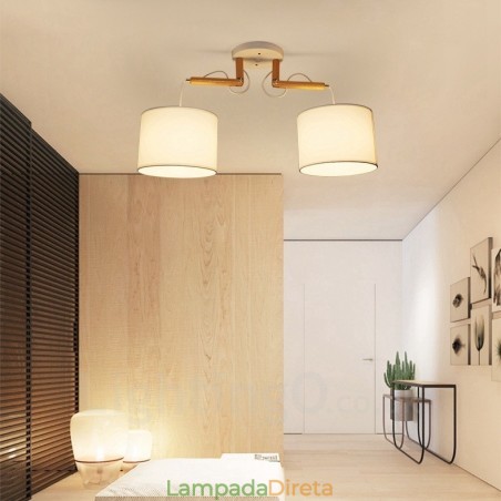 Luminária pendente moderna contemporânea de madeira com 2 luzes e cúpula de tecido Luminária pendente moderna contemporânea de madeira com 2 luzes e cúpula de tecido