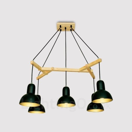 Luminária pendente moderna contemporânea de madeira com 5 luzes e cúpula de ferro Luminária pendente moderna contemporânea de madeira com 5 luzes e cúpula de ferro