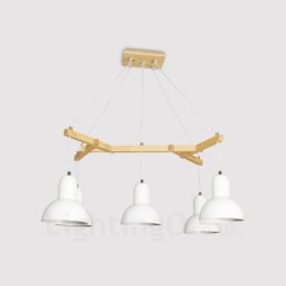 Luminária pendente moderna contemporânea de madeira com 5 luzes e cúpula de ferro