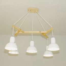 Luminária pendente moderna contemporânea de madeira com 5 luzes e cúpula de ferro
