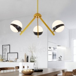 Lustre de teto moderno e contemporâneo estilo nórdico com 3 luzes e cúpula de vidro esférico preto e branco
