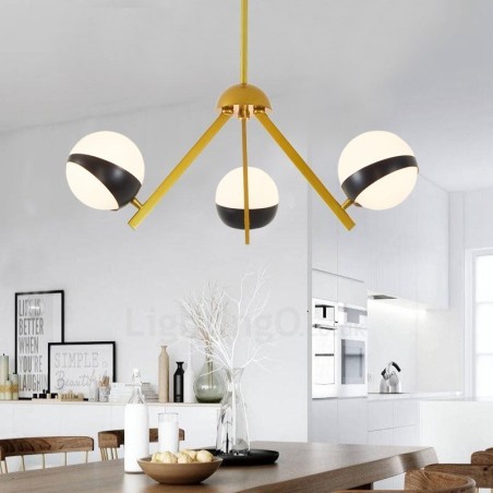Lustre de teto moderno e contemporâneo estilo nórdico com 3 luzes e cúpula de vidro esférico preto e branco Lustre de teto moderno e contemporâneo estilo nórdico com 3 luzes e cúpula de vidro esférico preto e branco