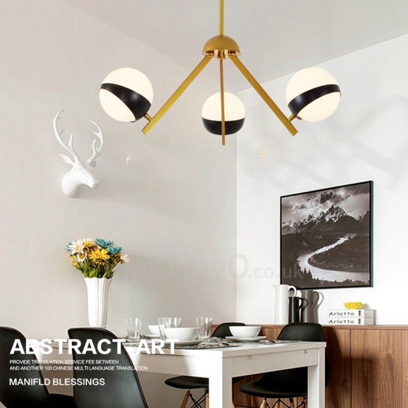 Lustre de teto moderno e contemporâneo estilo nórdico com 3 luzes e cúpula de vidro esférico preto e branco