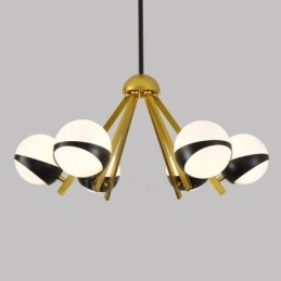 Lustre de teto moderno e contemporâneo de 6 luzes estilo nórdico com cúpula de vidro esférico preto e branco
