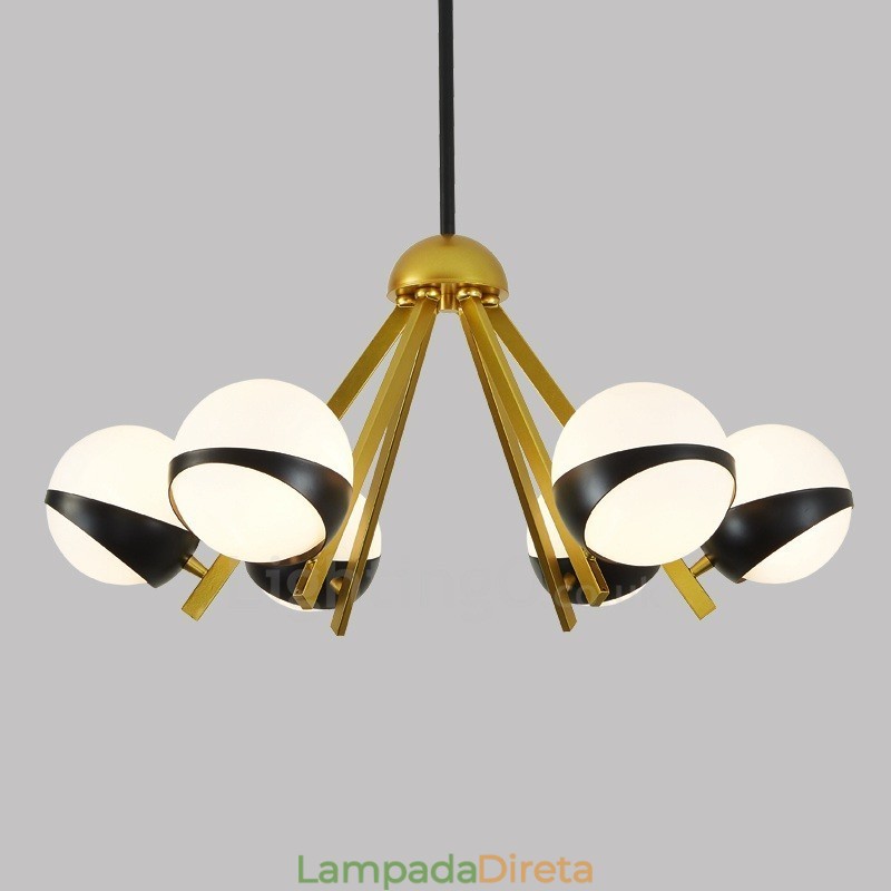 Lustre de teto moderno e contemporâneo de 6 luzes estilo nórdico com cúpula de vidro esférico preto e branco