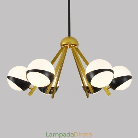 Lustre de teto moderno e contemporâneo de 6 luzes estilo nórdico com cúpula de vidro esférico preto e branco Lustre de teto moderno e contemporâneo de 6 luzes estilo nórdico com cúpula de vidro esférico preto e branco