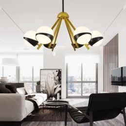 Lustre de teto moderno e contemporâneo de 6 luzes estilo nórdico com cúpula de vidro esférico preto e branco