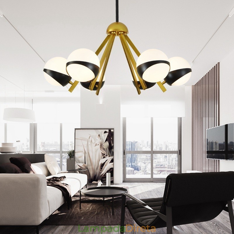 Lustre de teto moderno e contemporâneo de 6 luzes estilo nórdico com cúpula de vidro esférico preto e branco